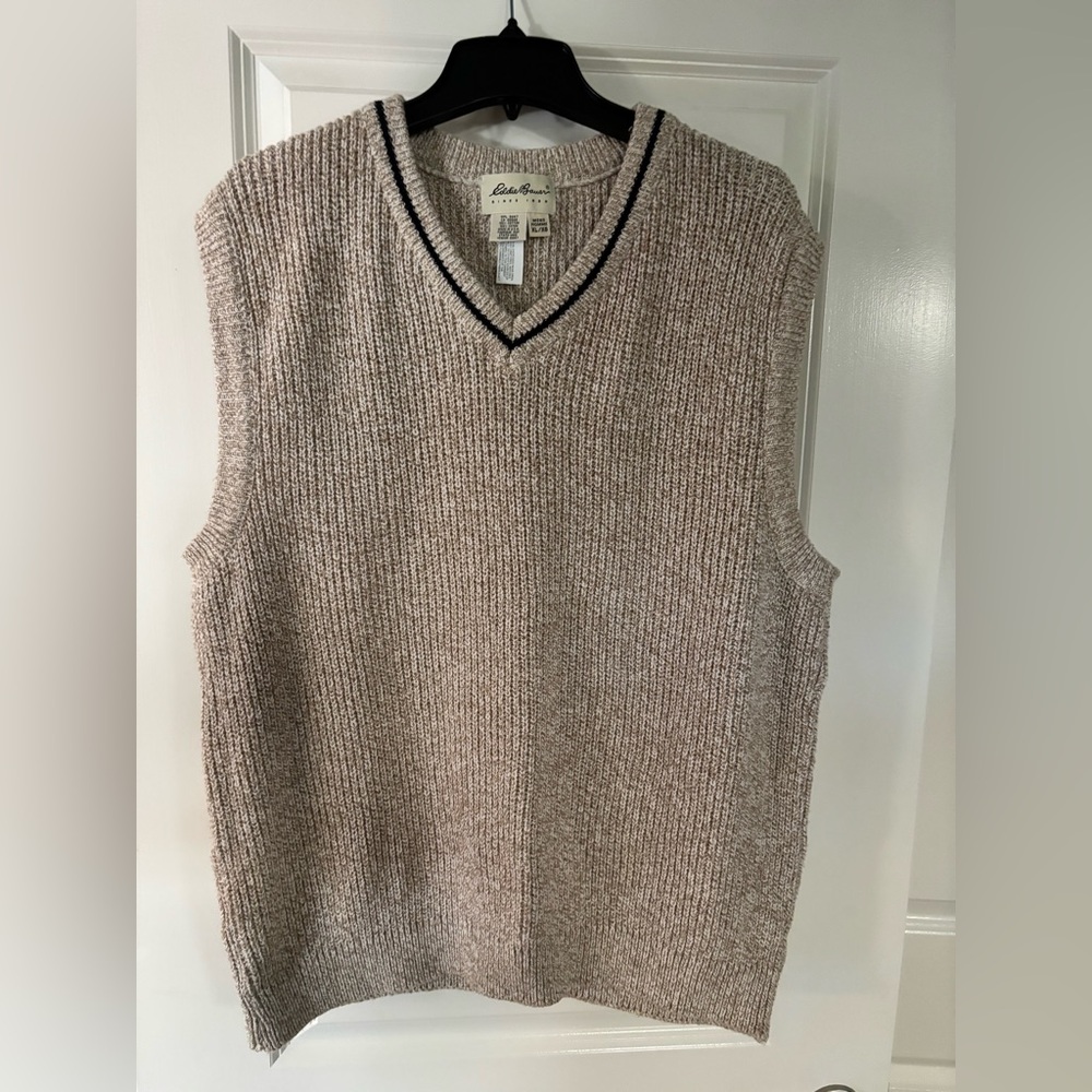 Eddie Bauer Knit Sweater Vest Mens XL Beige V Neck Cotton USA Made